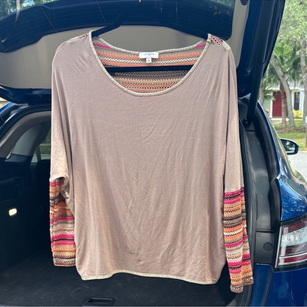 Umgee Taupe Top with Colorful Striped Sleeves